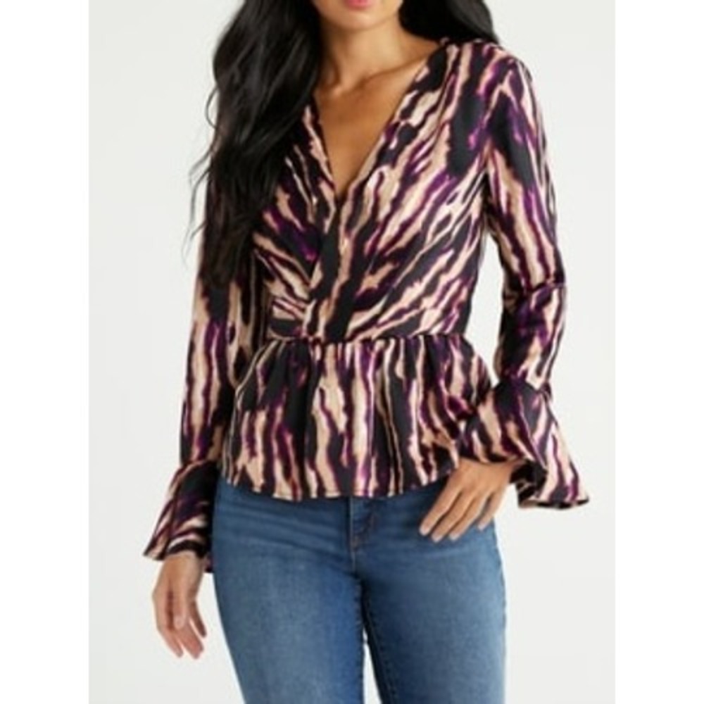 NWT Sofia Jeans by Sofia Vergara Drape Knot Animal Print Long Sleeve Blouse MD